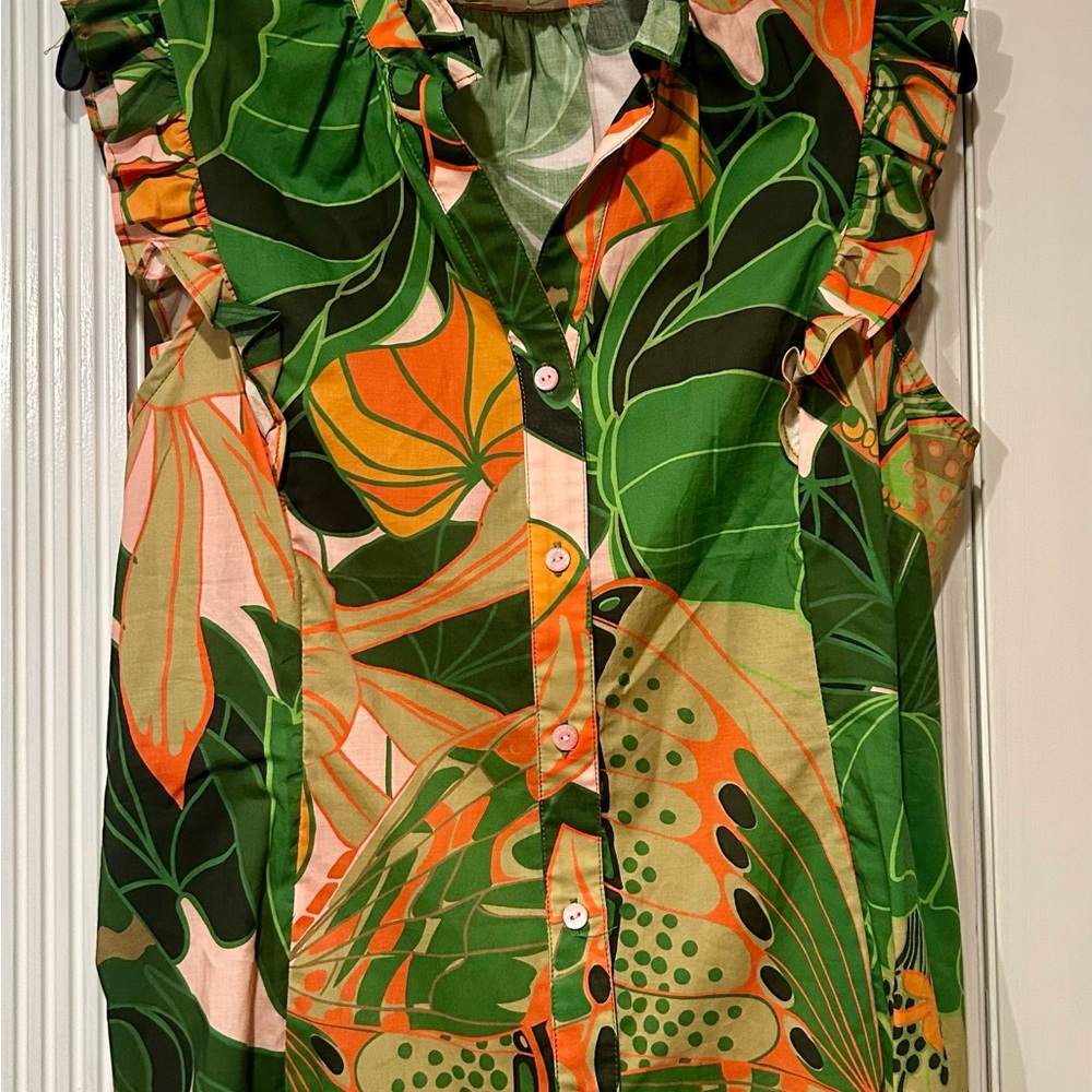 Julie Brown NY - Tropical Ruffle Sleeve Button-Up Top - Green and Orange